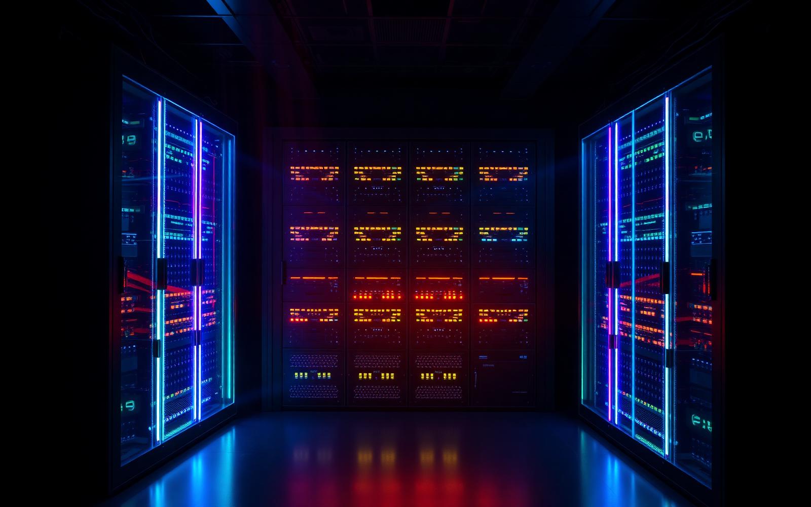 Broadcast infrastructure rack with rainbow LED status indicators